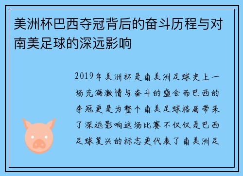 美洲杯巴西夺冠背后的奋斗历程与对南美足球的深远影响